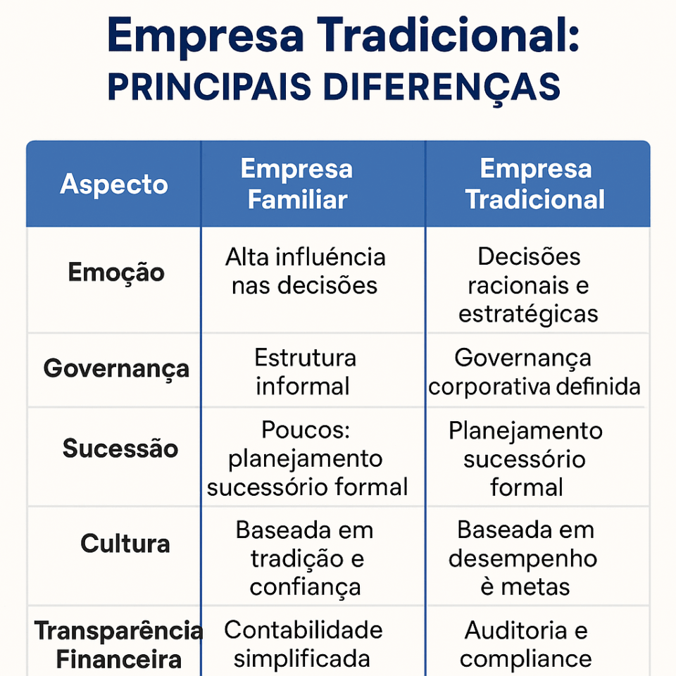 Tabela comparativa mostrando como principais diferenças entre empresa familiar e empresa tradicional nos aspectos de emoção, governança, sucessão, cultura e transparência financeira.