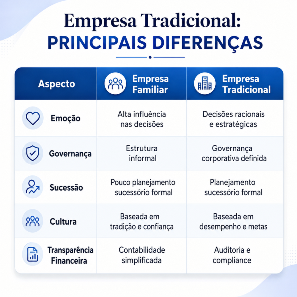 Tabela comparativa mostrando como principais diferenças entre empresa familiar e empresa tradicional nos aspectos de emoção, governança, sucessão, cultura e transparência financeira.