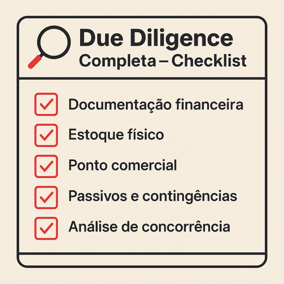 Infográfico com checklist de due diligence para comprar uma loja de conveniência, destacando documentação financeira, estoque, ponto comercial, passivos e concorrência.
