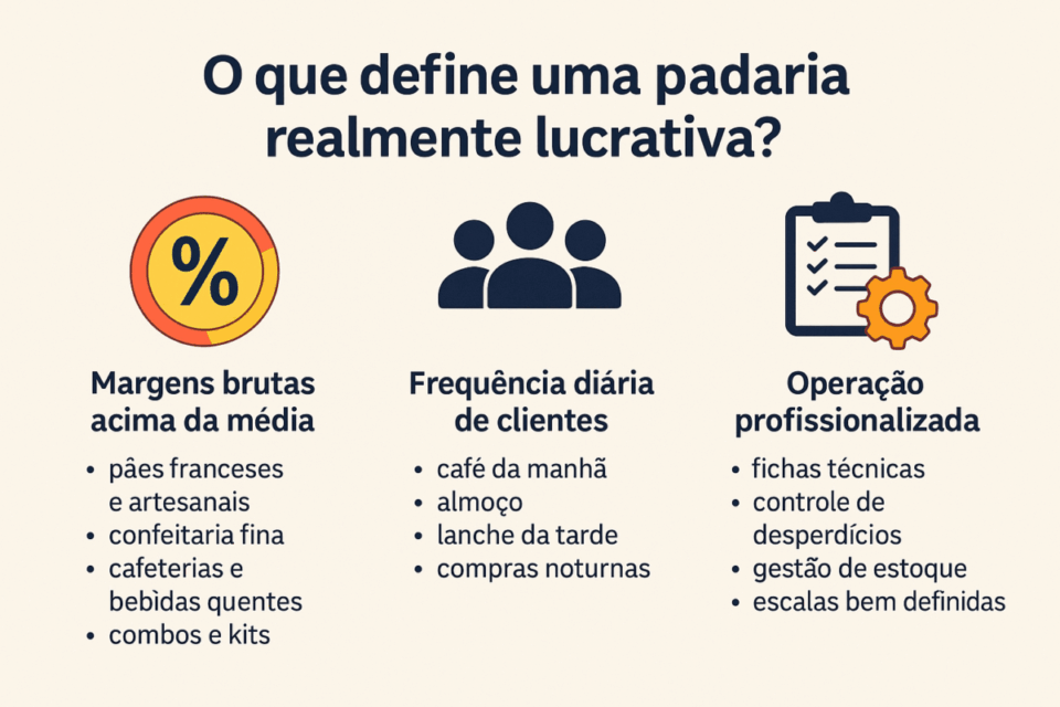 Infográfico mostrando os três pilares que definem uma padaria lucrativa: margens brutas acima da média, frequência diária de clientes e operação profissionalizada.