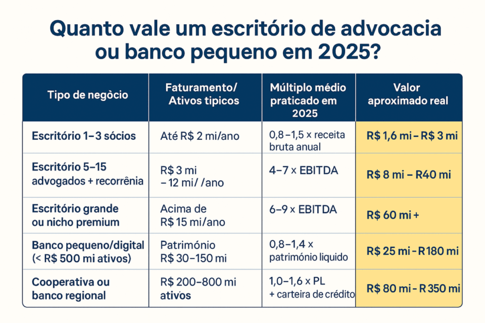 Tabela comparando o valuation de escritórios de advocacia e bancos pequenos em 2025, com múltiplos, faturamento típico e valores aproximados.