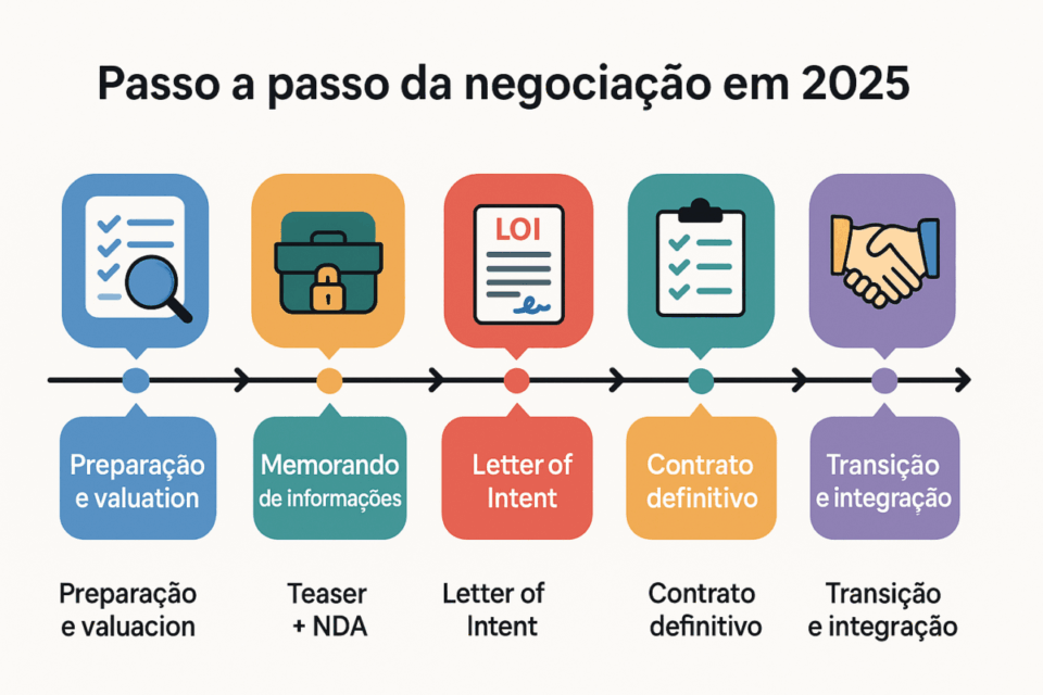 Infográfico mostrando o passo a passo da negociação em 2025 para vender escritório de advocacia ou banco pequeno, com etapas como valuation, NDA, LOI, contrato definitivo e transição.