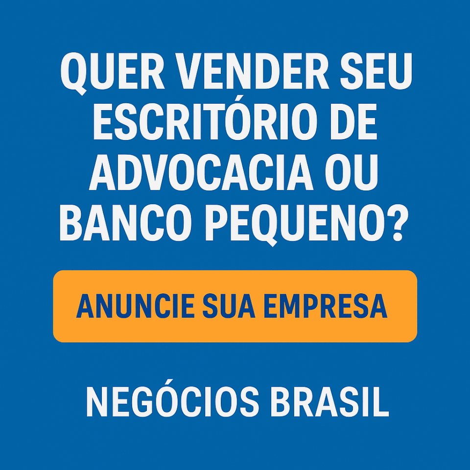 CTA com fundo azul perguntando se o usuário quer vender seu escritório de advocacia ou banco pequeno, com botão laranja escrito “Anuncie sua empresa”.
