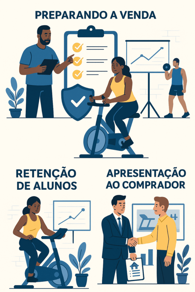 Ilustração flat de aluna treinando com gráfico de retenção ao fundo, representando estratégias para manter alunos durante a venda da academia.