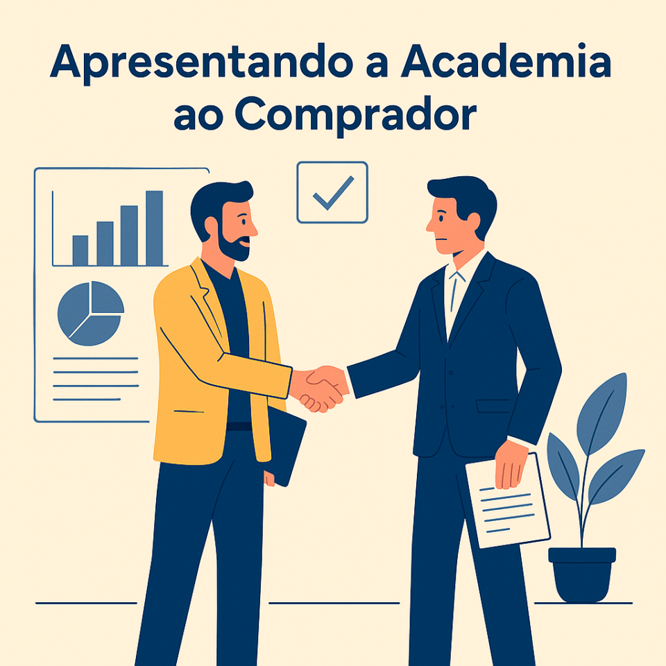 Ilustração flat de empresários apertando as mãos com documentos e dados ao fundo, representando apresentação da academia ao comprador.