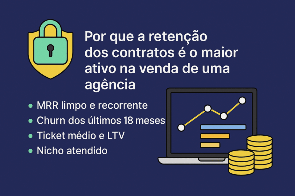 Por que a retenção dos contratos é o maior ativo na venda de uma agência de marketing digital — gráfico e ícones explicativos