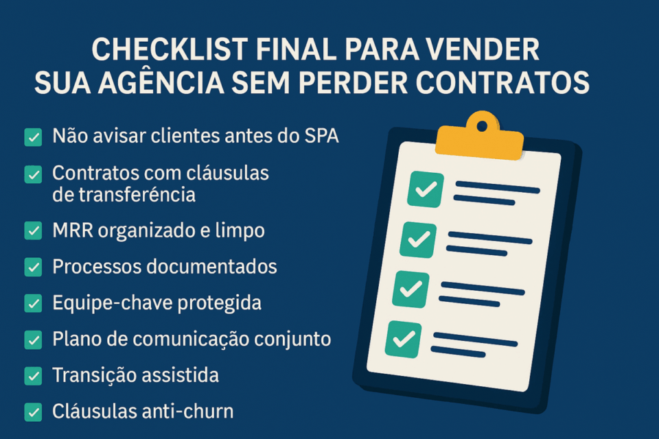 Checklist final para vender uma agência de marketing digital sem perder contratos — itens marcados e prancheta ilustrativa