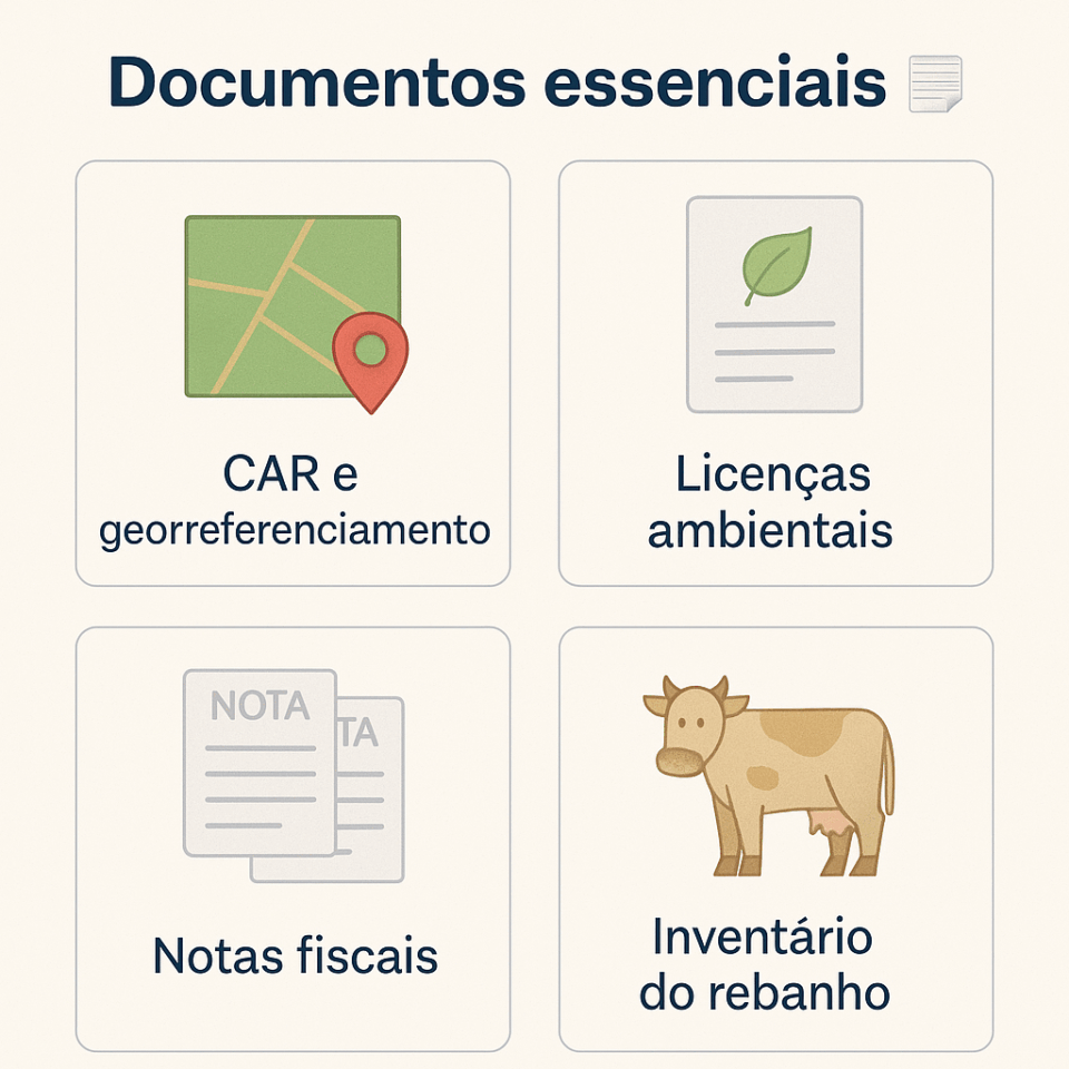 Infográfico destacando documentos essenciais para vender uma empresa agropecuária: CAR e georreferenciamento, licenças ambientais, notas fiscais e inventário do rebanho.