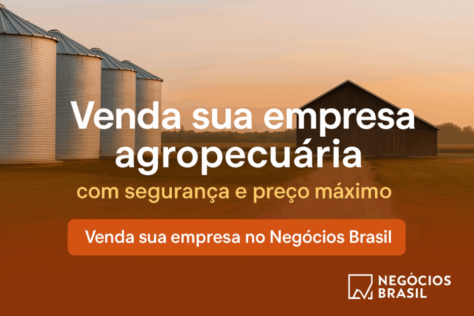 Imagem de CTA mostrando silos e um galpão rural ao pôr do sol, com a mensagem “vender empresa agropecuária com segurança e preço máximo” e o botão “Venda sua empresa no Negócios Brasil”.