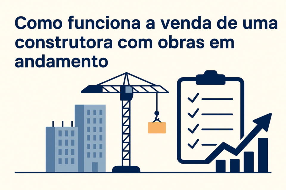Ilustração explicando como funciona a venda de uma construtora com obras em andamento, com guindaste, prédios, checklist e gráfico de crescimento.