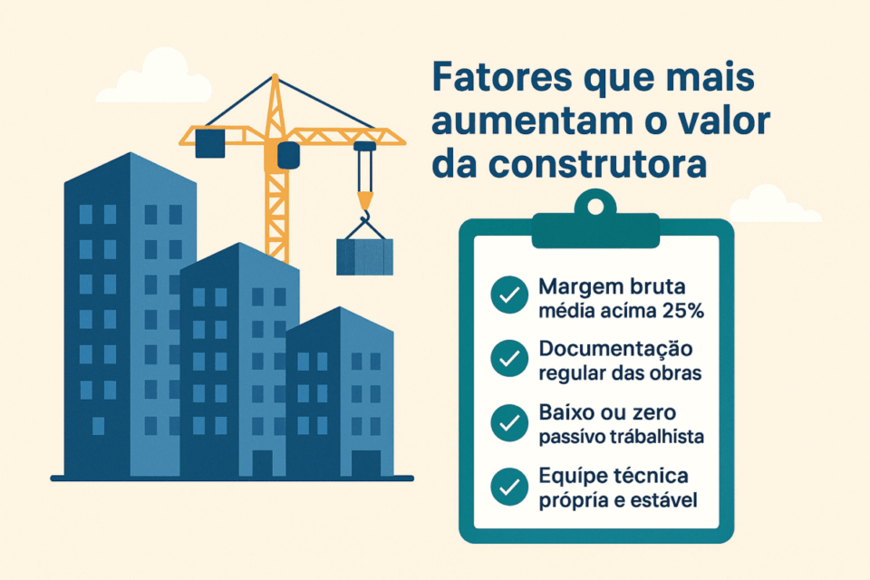 Infográfico mostrando fatores que aumentam o valor de uma construtora, com prédios, guindaste e checklist destacando margem bruta, documentação regular, passivo trabalhista baixo e equipe técnica estável.