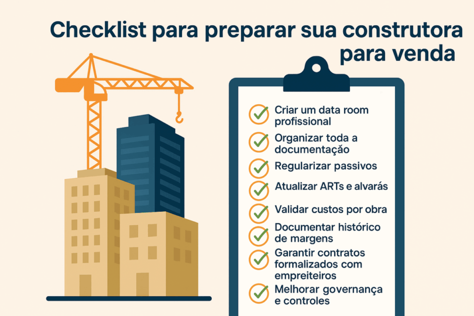 Checklist para preparar uma construtora para venda, com prédios em construção, guindaste e lista de ações como data room, documentação, passivos e governança.