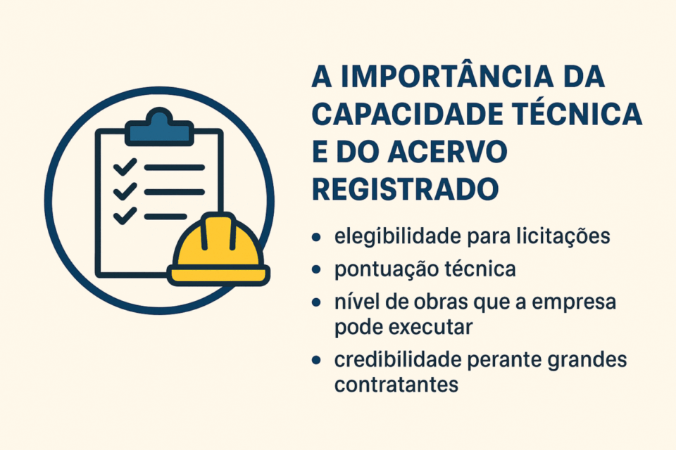 Infográfico destacando a importância da capacidade técnica e do acervo registrado para empresas de engenharia, incluindo itens como elegibilidade, pontuação técnica, nível de obras e credibilidade.