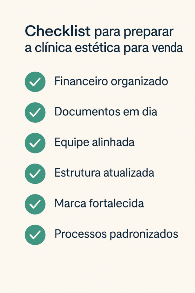 Checklist visual com passos para preparar uma clínica estética para venda