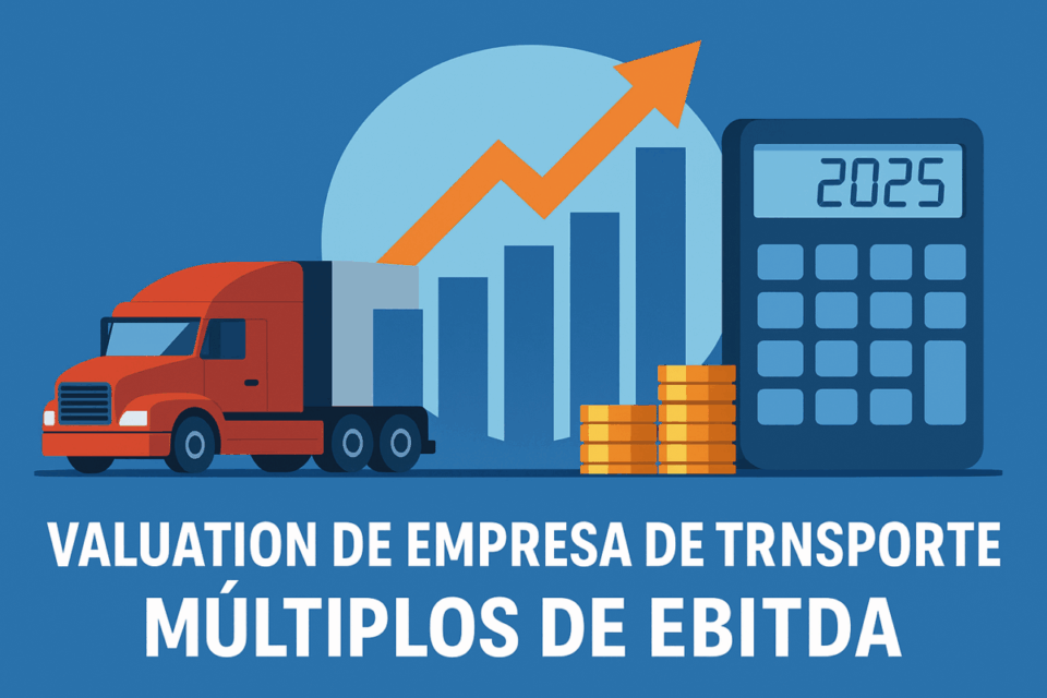 Ilustração com caminhão, gráfico crescente, pilha de moedas e calculadora representando os múltiplos de EBITDA usados no valuation de empresas de transporte em 2025.