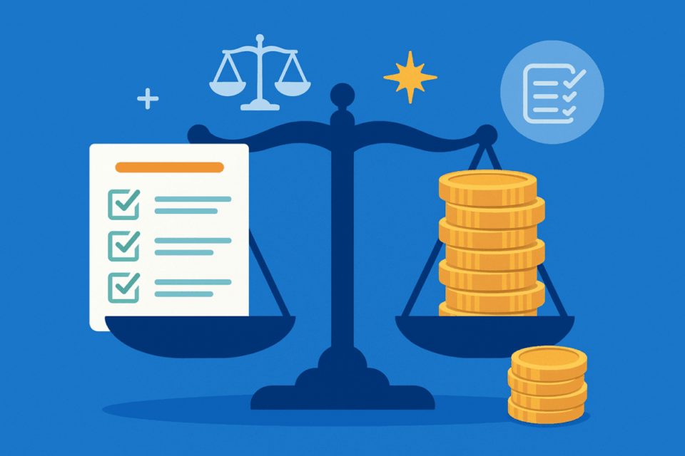 Checklist e balança com moedas representando a preparação necessária para vender uma empresa de transporte em 2025.