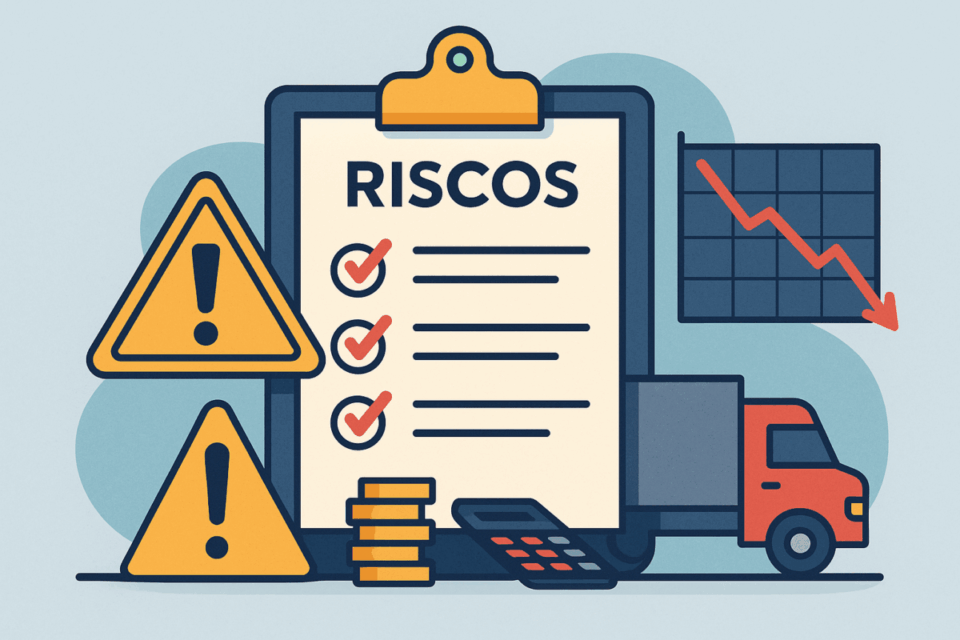 Ilustração com placa de risco, caminhão, gráfico de queda e checklist representando os principais riscos que reduzem o valuation de uma empresa de transporte em 2025.
