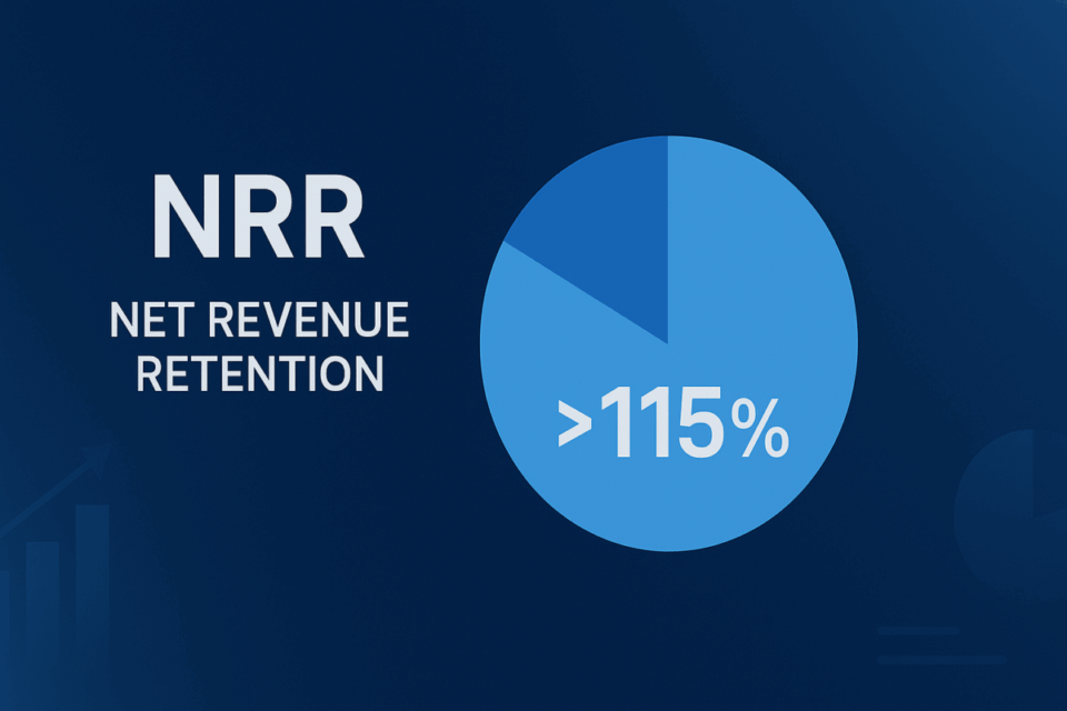 Infográfico mostrando NRR acima de 115% com gráfico circular azul, representando retenção de receita líquida em empresas SaaS.