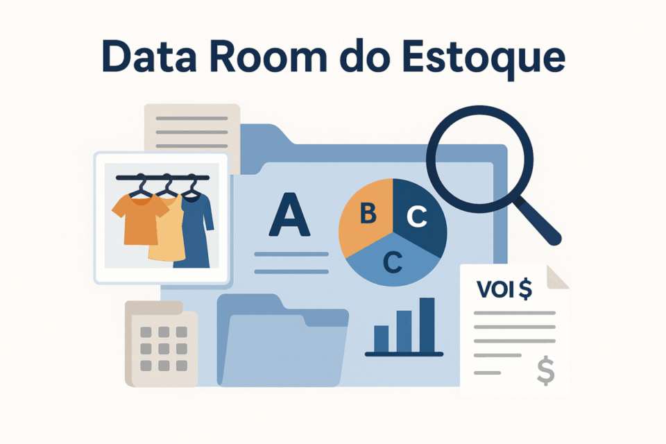 Ilustração representando o data room do estoque de uma loja de roupas, com pastas, foto de araras, curva ABC, gráficos e documentos financeiros organizados.