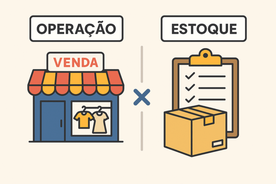 Infográfico ilustrado mostrando a separação entre operação e estoque na venda de uma loja de roupas, com uma loja representando a operação e caixa com checklist representando o estoque.