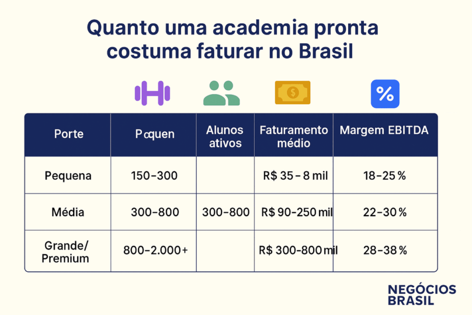 Infográfico mostrando o faturamento médio de academias prontas no Brasil por porte: pequena, média e grande/premium, incluindo número de alunos ativos, receita mensal média e margem EBITDA.