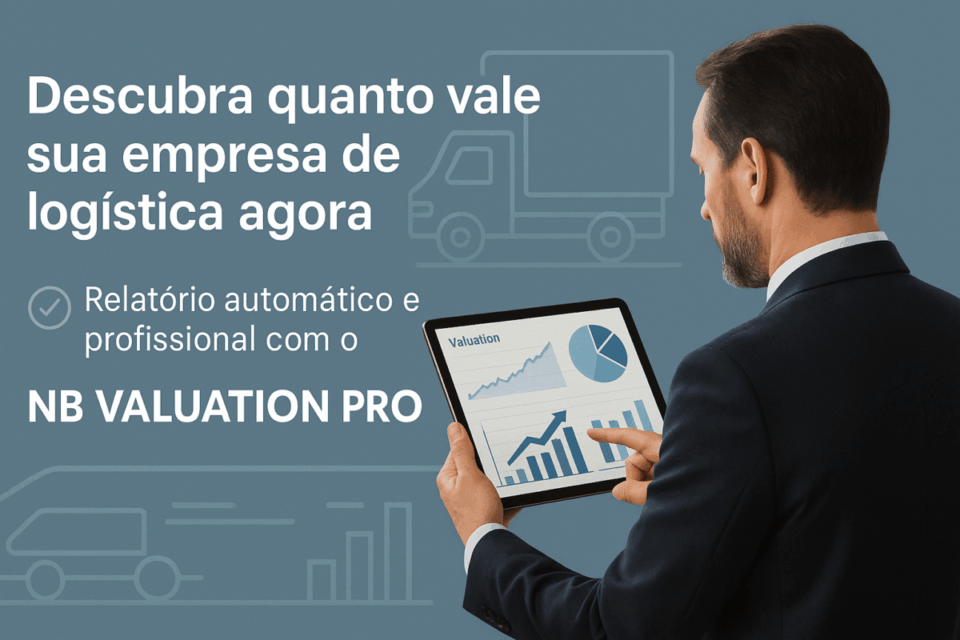Empresário analisando gráficos de valuation em um tablet com o texto “Descubra quanto vale sua empresa de logística agora — Relatório automático e profissional com o NB Valuation Pro”.