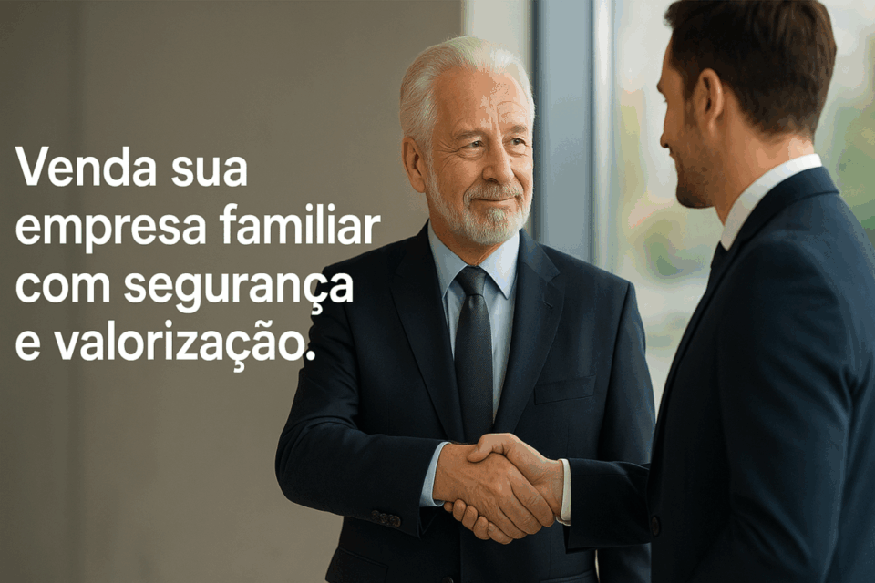 Empresário mais velho apertando a mão de um consultor mais jovem em um escritório moderno, simbolizando a venda bem-sucedida de uma empresa familiar com segurança e valorização.