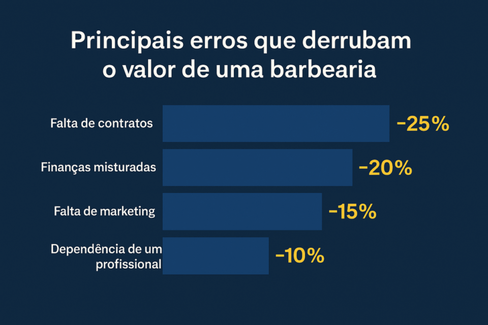 Gráfico de barras mostrando os principais erros que reduzem o valuation de uma barbearia: falta de contratos, finanças misturadas, falta de marketing e dependência de um único profissional.