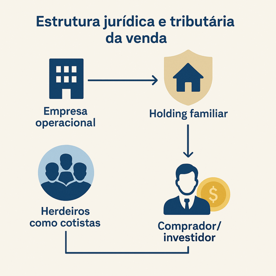 Fluxograma mostrando a estrutura jurídica e tributária de uma venda de empresa familiar, com empresa operacional, holding familiar, herdeiros e comprador ou investidor.