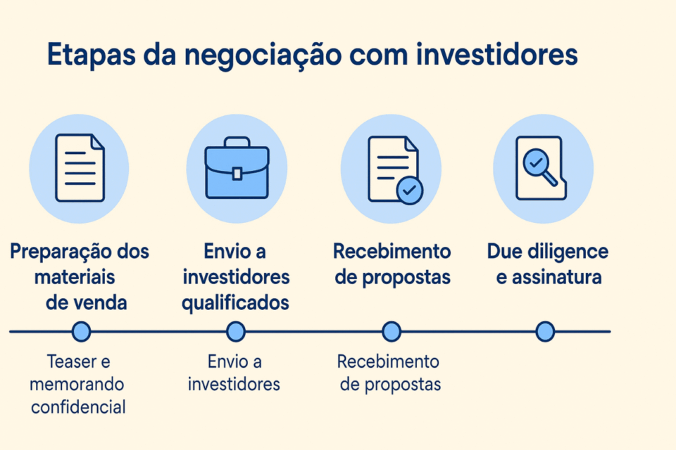 Linha do tempo mostrando as quatro etapas da negociação com investidores: preparação dos materiais de venda, envio a investidores qualificados, recebimento de propostas e due diligence com assinatura do contrato.