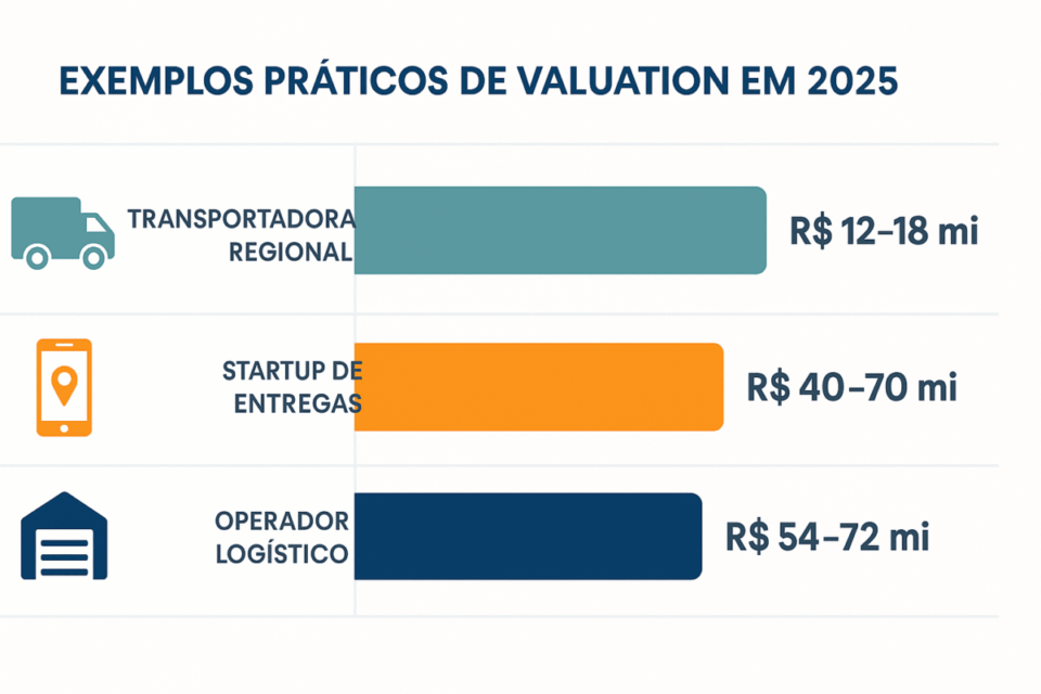 Gráfico comparativo mostrando três exemplos de valuation no setor de logística: transportadora regional (R$ 12–18 mi), startup de entregas (R$ 40–70 mi) e operador logístico (R$ 54–72 mi).