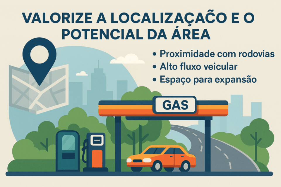 Infográfico de posto de combustível com destaque para localização, tráfego e área de expansão, reforçando a importância da posição estratégica na avaliação do negócio.