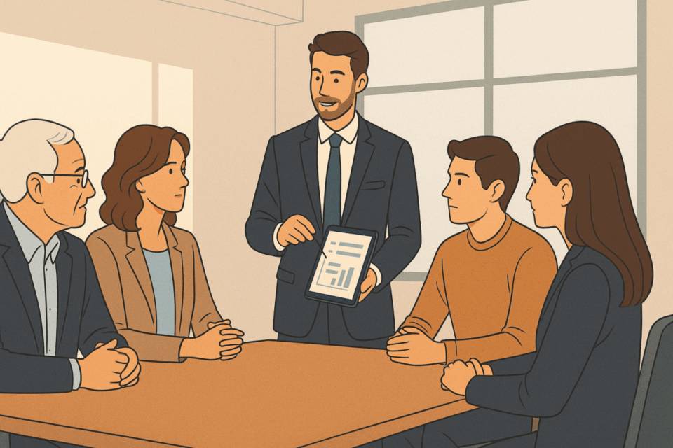 Consultor mediando reunião entre herdeiros de uma empresa familiar, apresentando dados em um tablet e promovendo diálogo harmonioso durante o processo de venda.