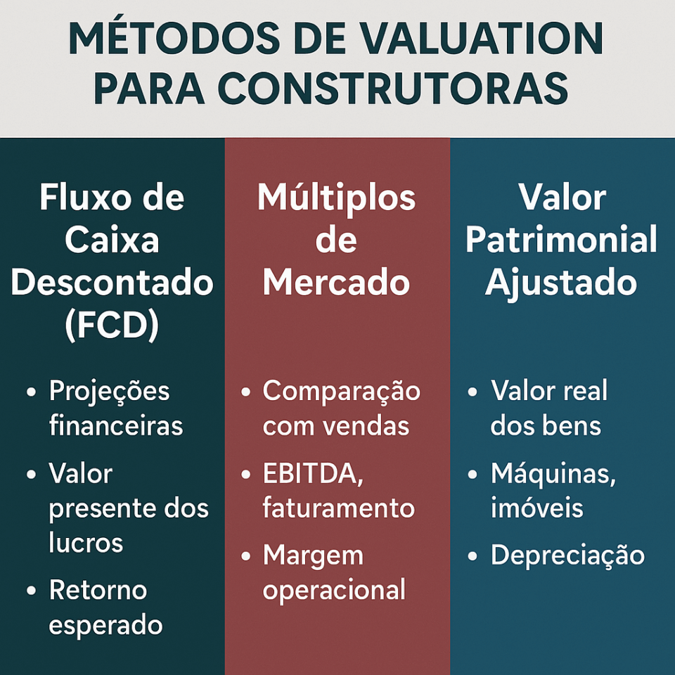 Gráfico comparativo dos métodos de valuation para construtoras: FCD, múltiplos de mercado e valor patrimonial