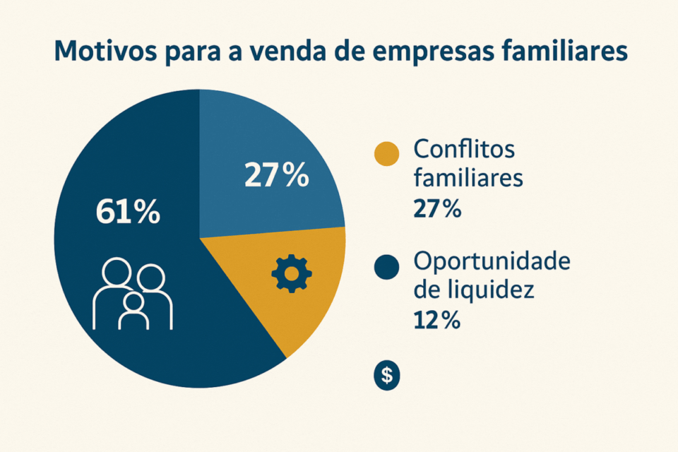 Gráfico em pizza mostrando os principais motivos para vender uma empresa familiar: falta de sucessão (61%), conflitos familiares (27%) e oportunidade de liquidez (12%).