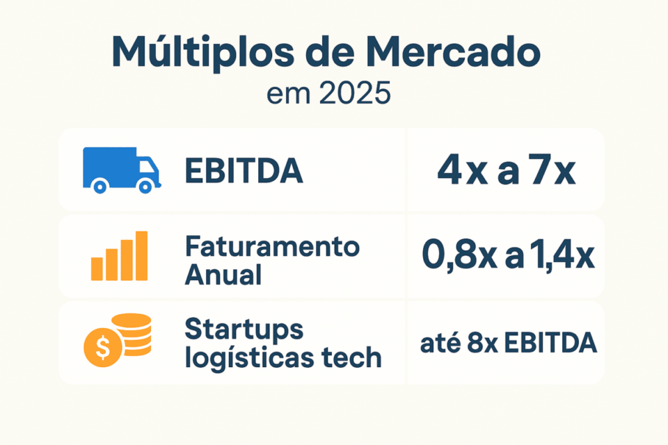 Tabela visual mostrando múltiplos de mercado usados no valuation de empresas de logística e entregas rápidas em 2025, com destaque para EBITDA, faturamento e startups logísticas tech.