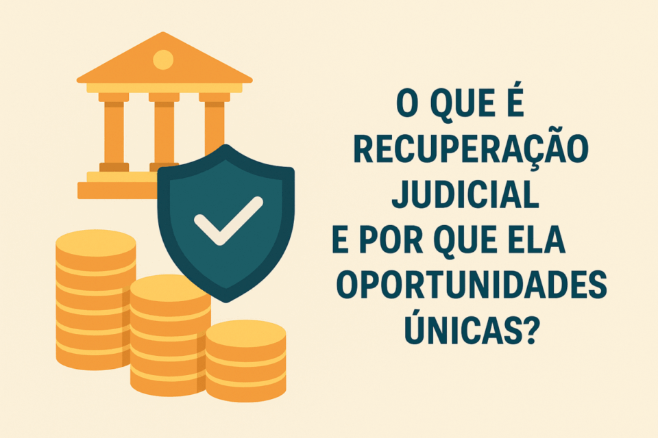 Ilustração com moedas, escudo de proteção e prédio de tribunal representando segurança e oportunidades em processos de recuperação judicial.
