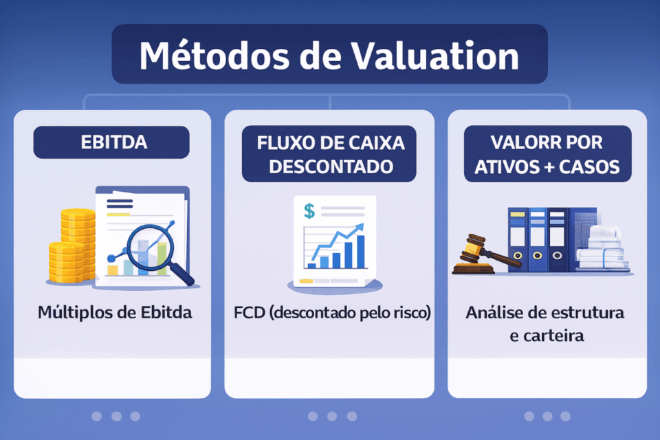 Infográfico mostrando os três principais modelos de receita para escritórios de advocacia: contingência, consultoria recorrente e projetos.