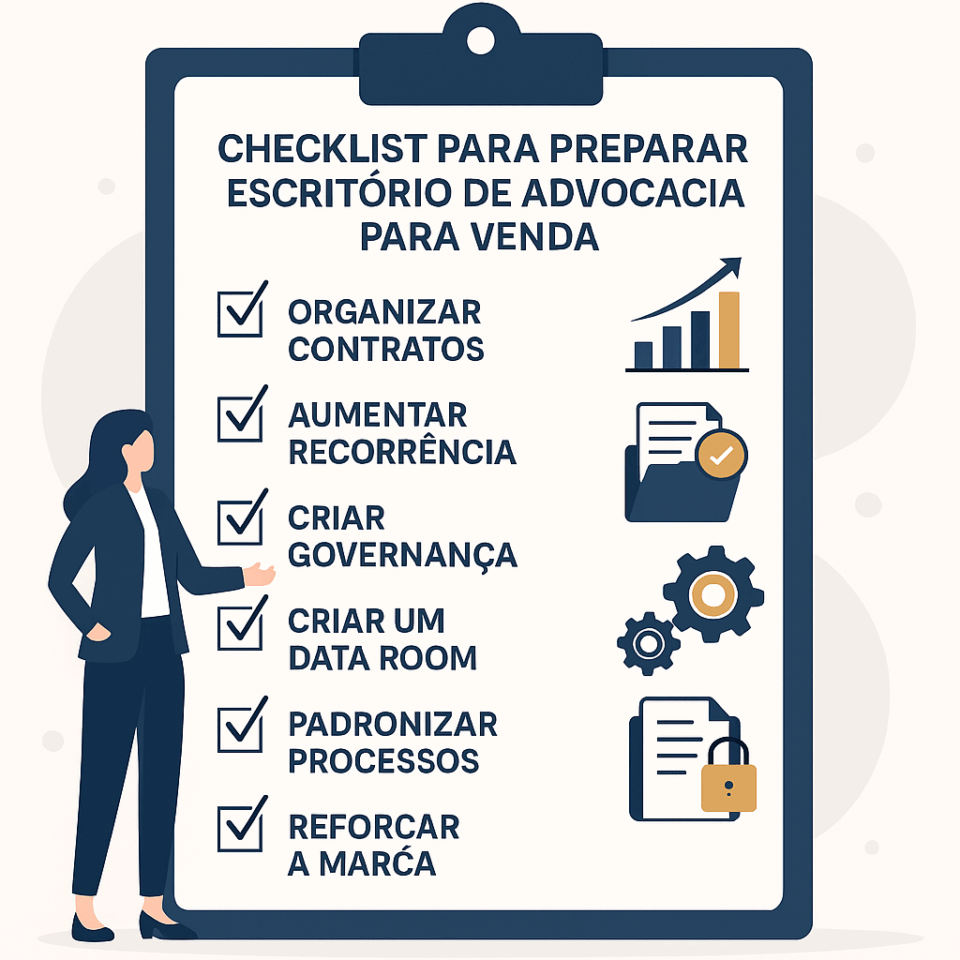 Infográfico com checklist para preparar um escritório de advocacia para venda, incluindo ações como organizar contratos, aumentar recorrência, criar governança, data room e padronizar processos.