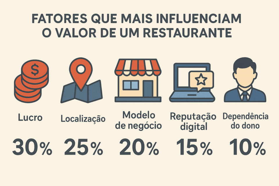 Infográfico mostrando os principais fatores que influenciam o valor de um restaurante: Lucro (30%), Localização (25%), Modelo de negócio (20%), Reputação digital (15%) e Dependência do dono (10%).