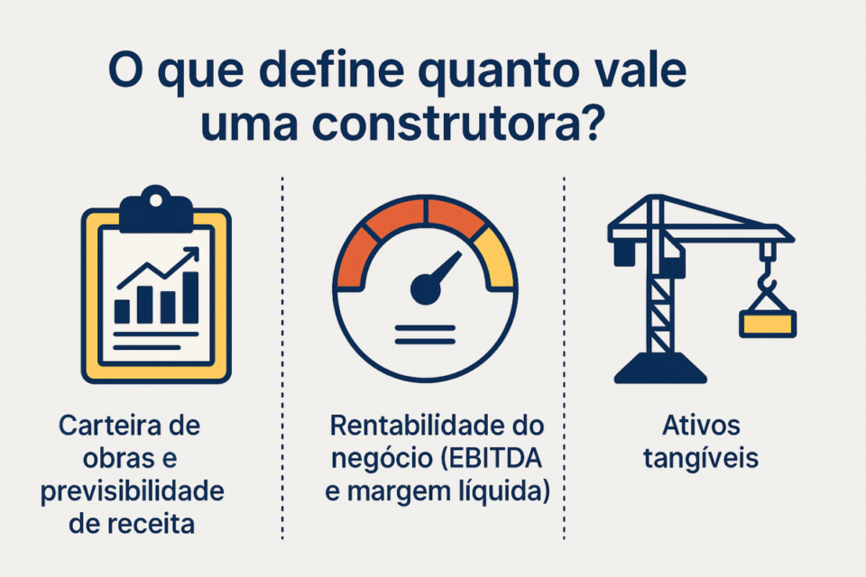 Infográfico mostrando os três fatores que definem quanto vale uma construtora: carteira de obras, rentabilidade e ativos tangíveis.