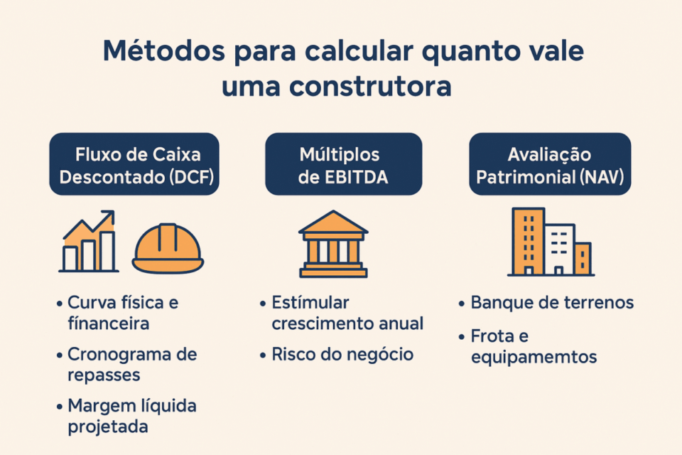 Infográfico mostrando os principais métodos para calcular quanto vale uma construtora: DCF, múltiplos de EBITDA e avaliação patrimonial.