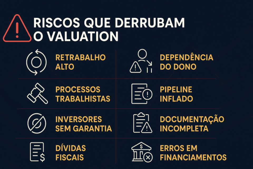Infográfico listando os principais riscos que derrubam o valuation de empresas de energia solar, como retrabalho alto, processos trabalhistas, inversores sem garantia, dívidas fiscais, dependência do dono, pipeline inflado, documentação incompleta e erros em financiamentos.