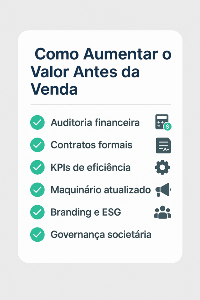 “Checklist visual com seis ações para aumentar o valor de uma indústria antes da venda: auditorias financeiras, contratos formais, KPIs de eficiência, maquinário atualizado, branding e ESG, e governança societária.”