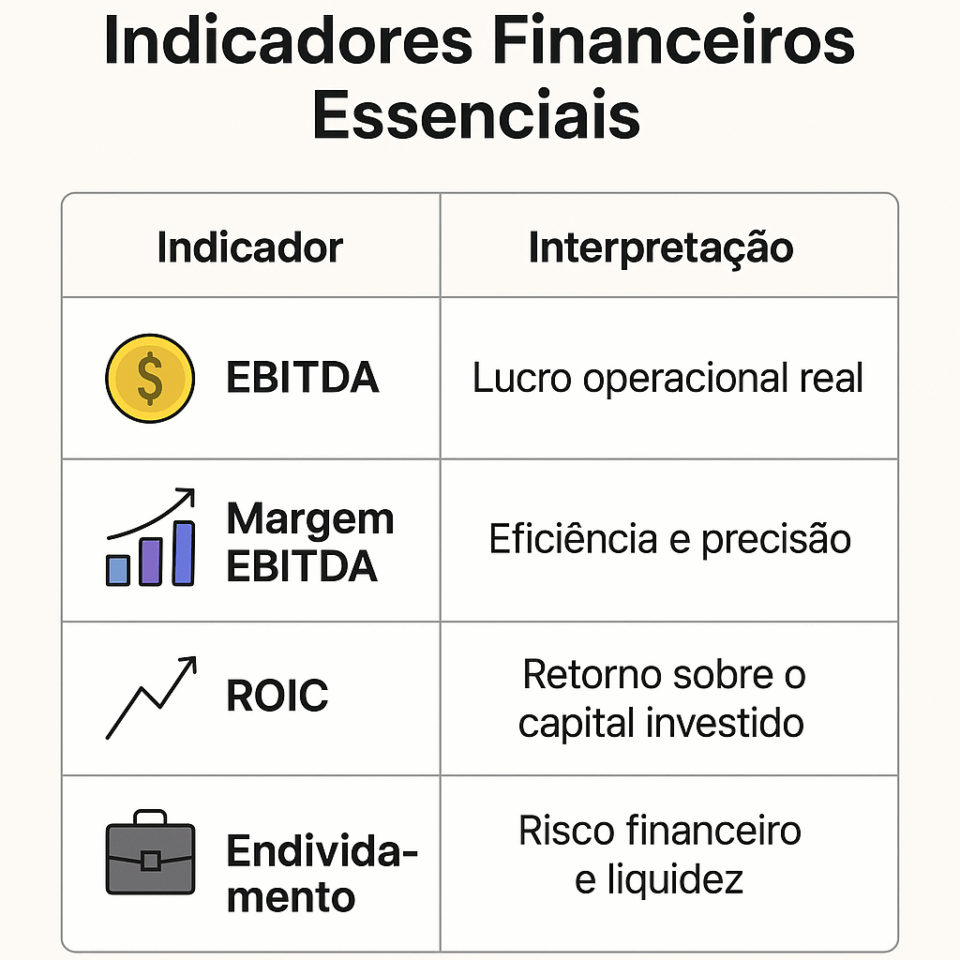 “Tabela visual com quatro indicadores financeiros essenciais: EBITDA representando lucro operacional real, Margem EBITDA queda eficiência, ROIC mostrando retorno sobre o capital investido e Endividamento refletindo risco financeiro e financeiro.”