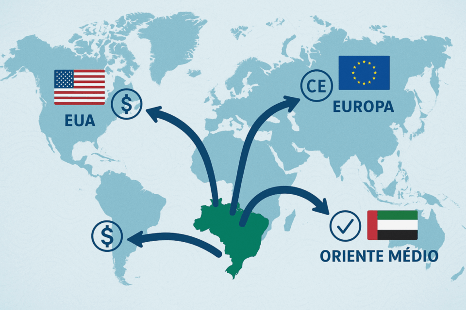 “Mapa-múndi destacando o Brasil com setas apontando para EUA, Europa e Oriente Médio, representando os principais destinos de exportação das indústrias de alimentos brasileiras.”