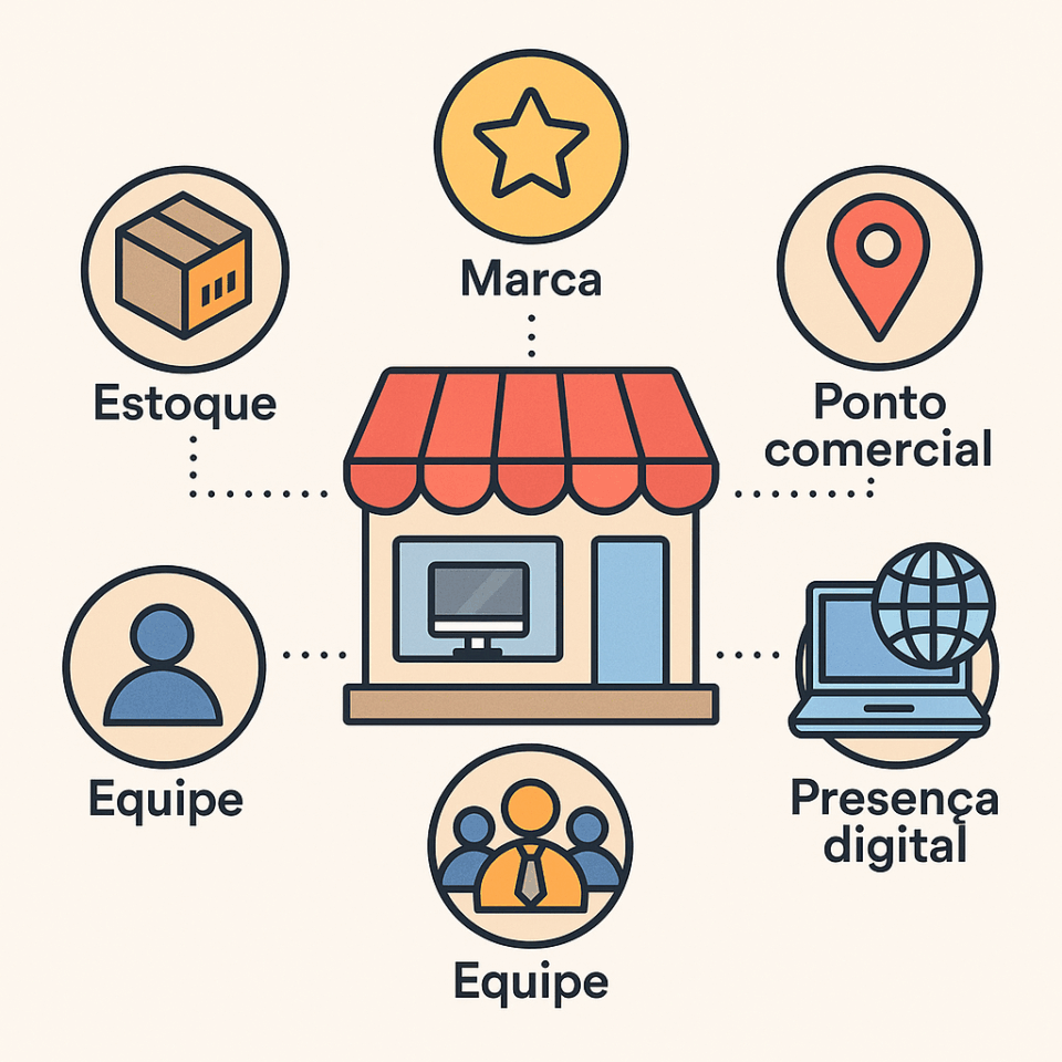 Infográfico mostrando loja de informática no centro ligada a ícones de estoque, marca, ponto comercial, equipe e presença digital