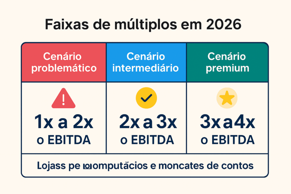 Tabela com faixas de múltiplos de EBITDA para lojas de informática e celulares em 2026 nos cenários problemático, intermediário e premium