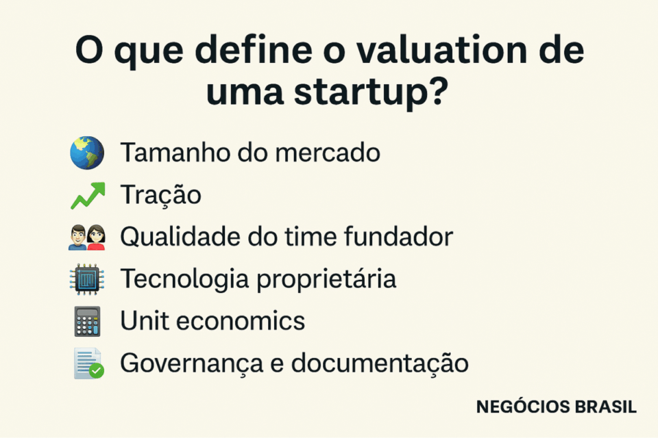 Infográfico mostrando os principais fatores que definem o valuation de uma startup, incluindo tamanho de mercado, tração, qualidade do time, tecnologia proprietária, unit economics e governança.