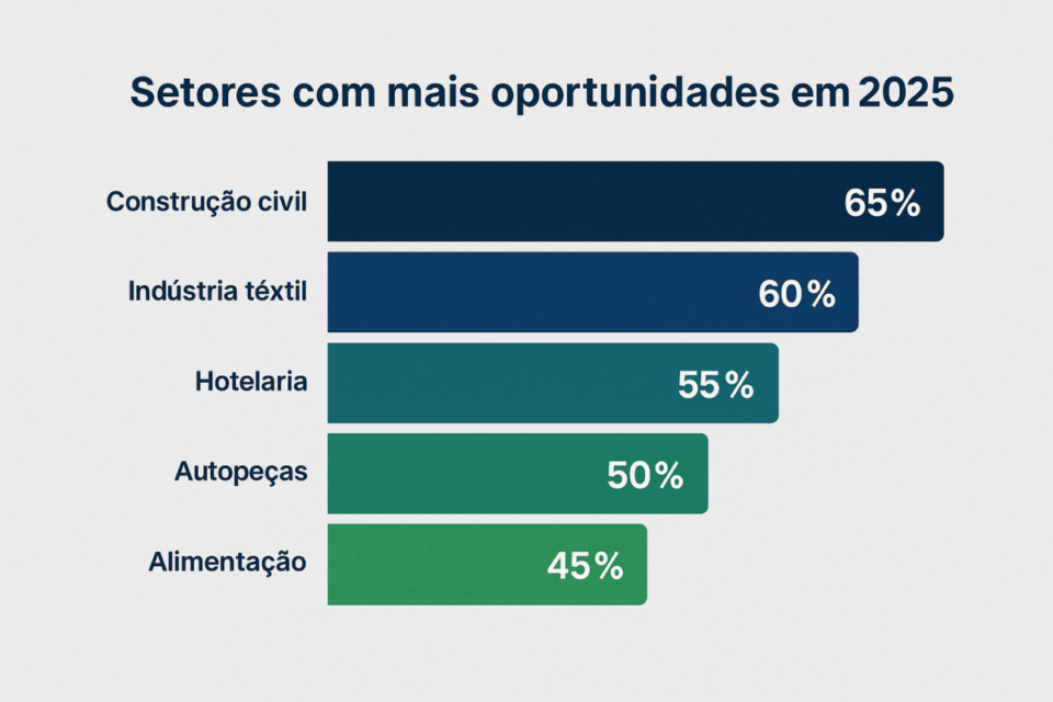 Gráfico de barras mostrando os setores com maior deságio médio em empresas em recuperação judicial em 2025: construção civil, indústria têxtil, hotelaria, autopeças e alimentação.